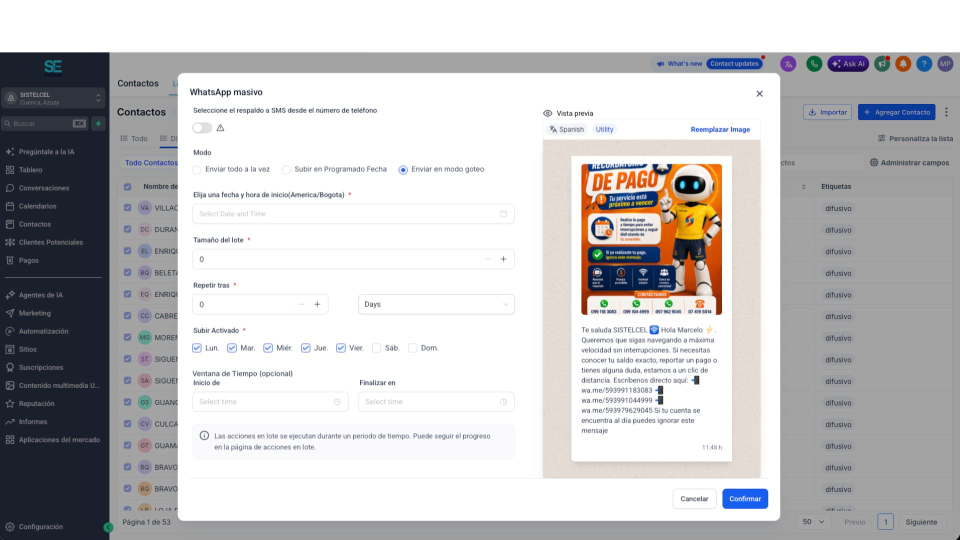 Configuración del modo goteo